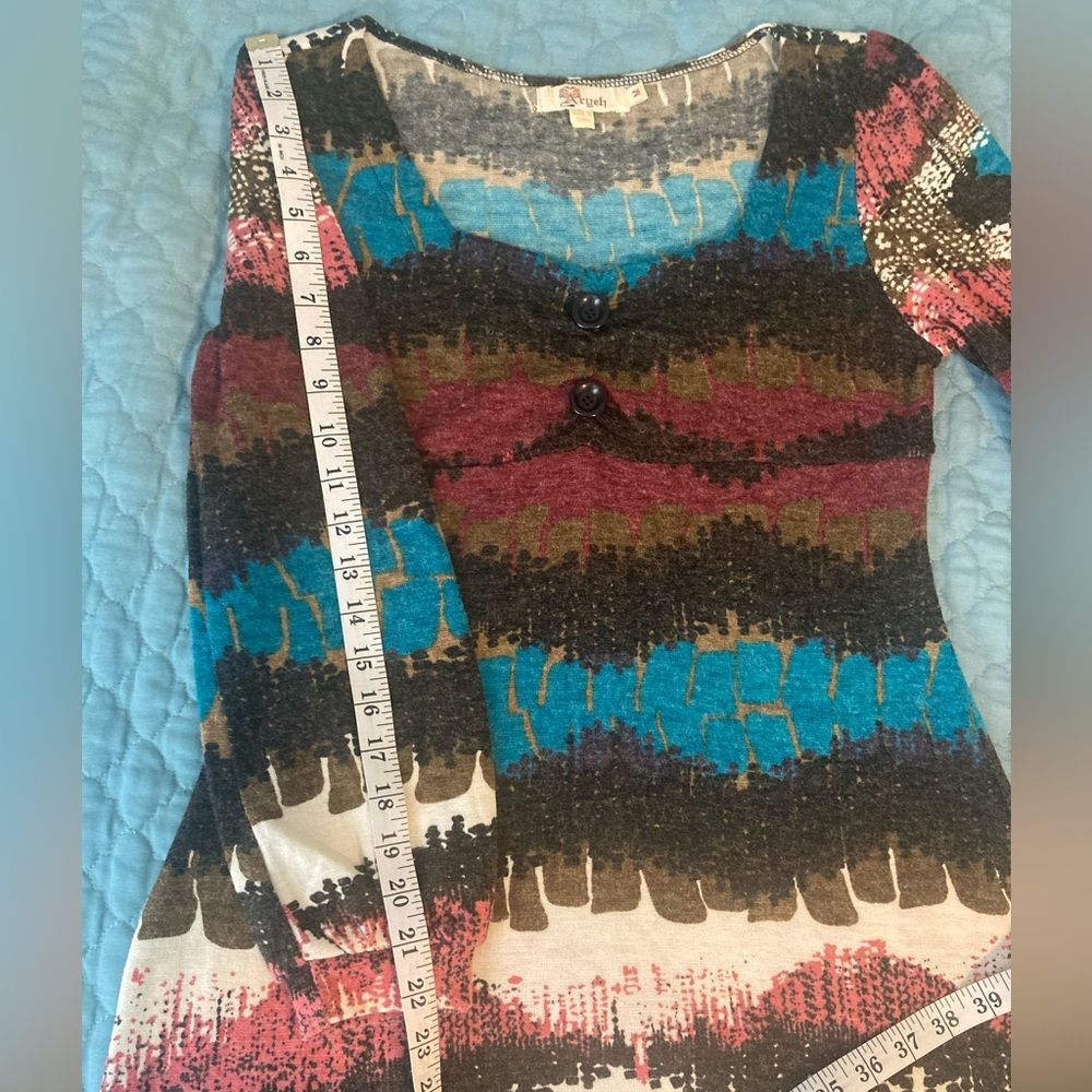 ARYEH Mini Dress Long Sleeve Brown Blue Burgundy Pink Tan Striped Size M - Picture 8 of 12